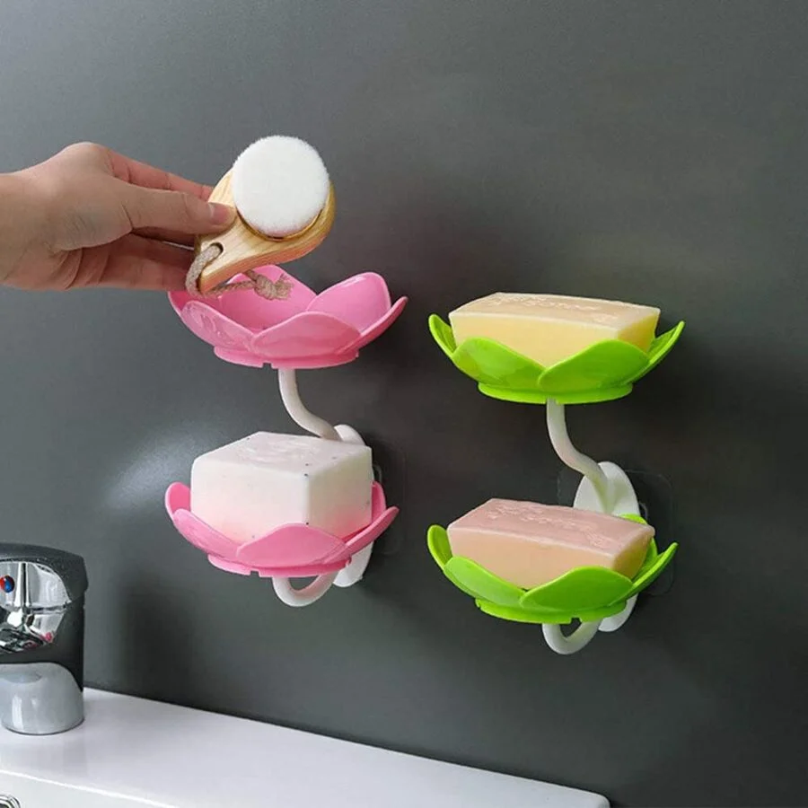 SpiderJuice Double Layer Cute Lotus Shaped Adhesive Wall Mount Multipurpose Soap Holder Rack - Image 3