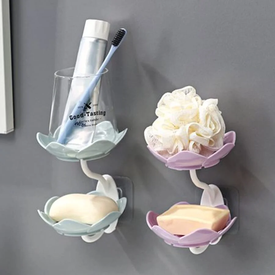 SpiderJuice Double Layer Cute Lotus Shaped Adhesive Wall Mount Multipurpose Soap Holder Rack - Image 6
