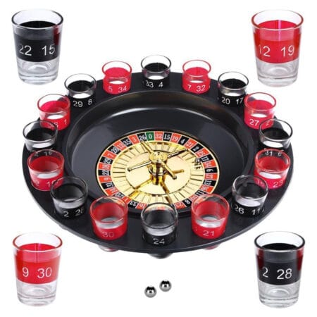 SpiderJuice roulette 16 glass lucky shot drinking game. Play roulette for fun without money, perfect gift for adults.