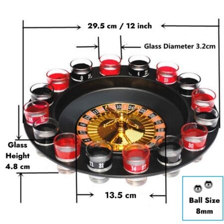 Size of SpiderJuice casino roulette wheel is a 12 inch in diameter with ball size being 8mm and shot glass of 30ml