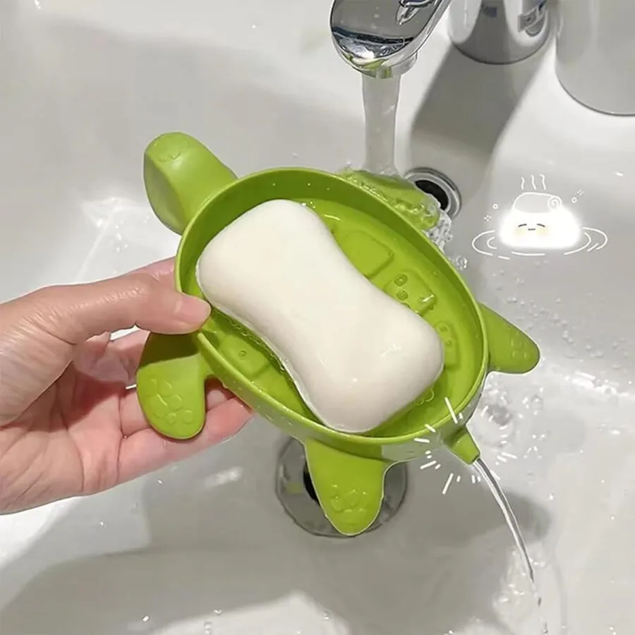 SpiderJuice turtle soap dish holder for kids with self draining water through its tale hole